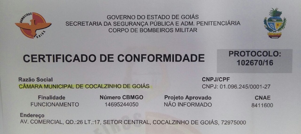 Câmara recebe Certificado de Conformidade do Corpo de Bombeiros
